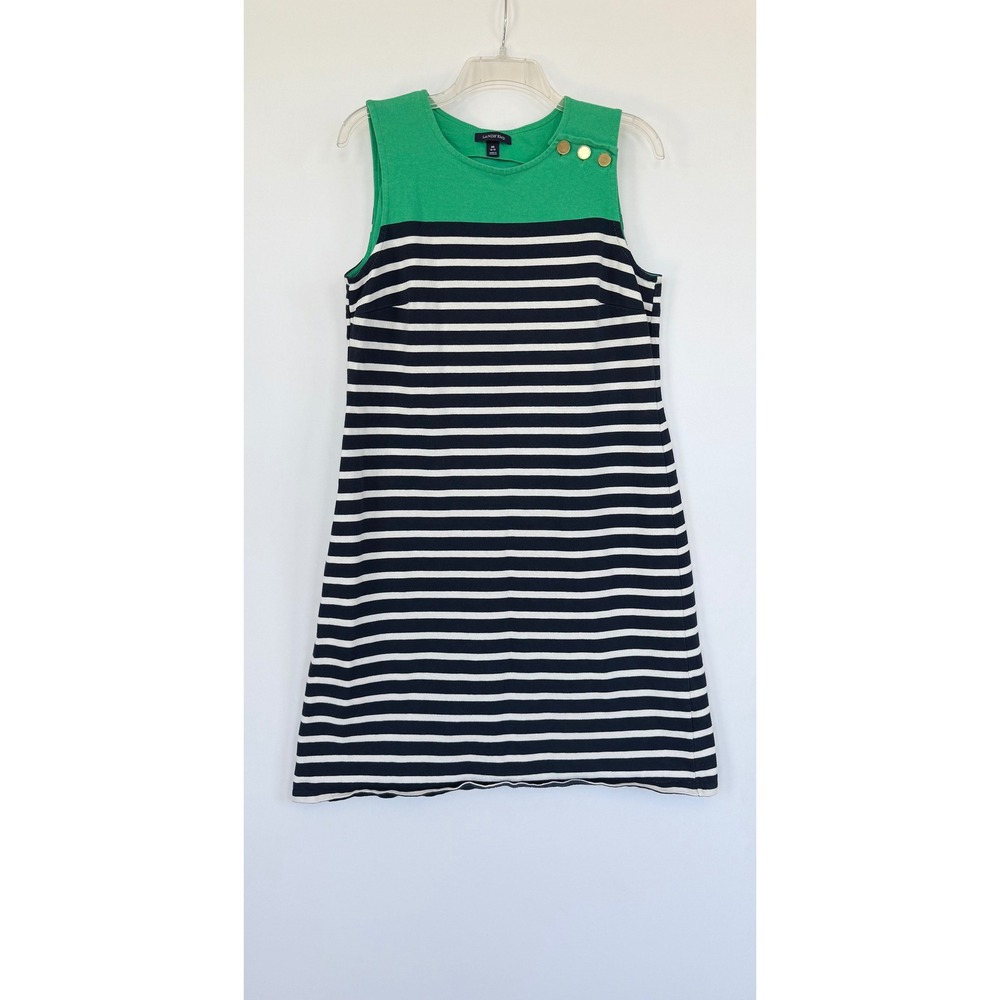 Lands End Womens Green Navy Stripe Cotton Sleeveless Shift Dress Preppy Nautical